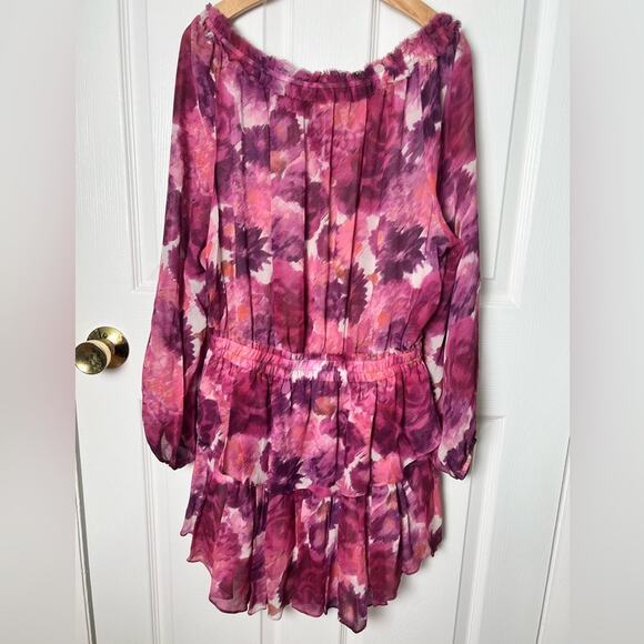 LoveShackFancy Silk Pink Smocked Waist V Neck Frill Popover Floral Mini Dress L - Picture 6 of 10